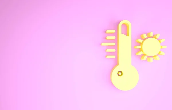 Желтый метеорологический термометр, измеряющий значок на розовом фоне. Термометр показывает жаркую или холодную погоду. Концепция минимализма. 3D-рендеринг — стоковое фото