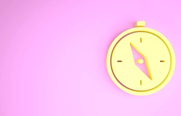 Icono de brújula amarilla aislado sobre fondo rosa. Windrose símbolo de navegación. Signo de rosa de viento. Concepto minimalista. 3D ilustración 3D render — Foto de Stock