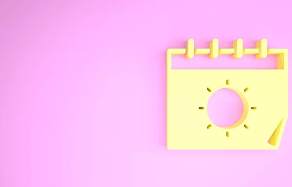 Жовтий календар і значок сонця ізольовані на рожевому фоні. Символ нагадування про події. Концепція мінімалізму. 3D ілюстрація 3D рендеринга — стокове фото