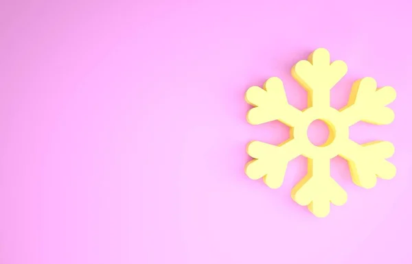 Żółta ikona płatka śniegu odizolowana na różowym tle. Koncepcja minimalizmu. Ilustracja 3D 3D renderowania — Zdjęcie stockowe