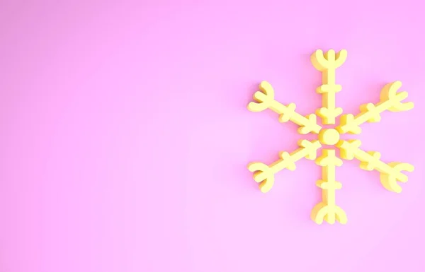 Ícone de floco de neve amarelo isolado no fundo rosa. Conceito de minimalismo. 3D ilustração 3D render — Fotografia de Stock