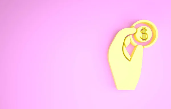Żółta Ręka trzymająca ikonę pieniędzy na różowym tle. Symbol dolara lub USD. Znak waluty Cash Banking. Koncepcja minimalizmu. Ilustracja 3D 3D renderowania — Zdjęcie stockowe