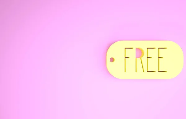 Żółta metka z napisem Bezpłatna ikona odizolowana na różowym tle. Odznaka za cenę. Rabat promocyjny. Koncepcja minimalizmu. Ilustracja 3d — Zdjęcie stockowe
