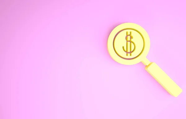 Yellow Magnifying glass and dollar symbol icon isolated on pink background. Find money. Looking for money. Minimalism concept. 3d illustration 3D render — Stock Photo, Image