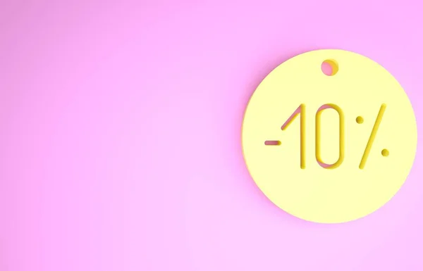 Amarelo Dez ícone de tag percentual de desconto isolado no fundo rosa. Assinatura da etiqueta de compras. Sinal de oferta especial. Cupons de desconto símbolo. Conceito de minimalismo. 3D ilustração 3D render — Fotografia de Stock