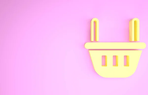 Amarillo Cesta de la compra icono aislado sobre fondo rosa. Tienda de comida, supermercado. Concepto minimalista. 3D ilustración 3D render — Foto de Stock