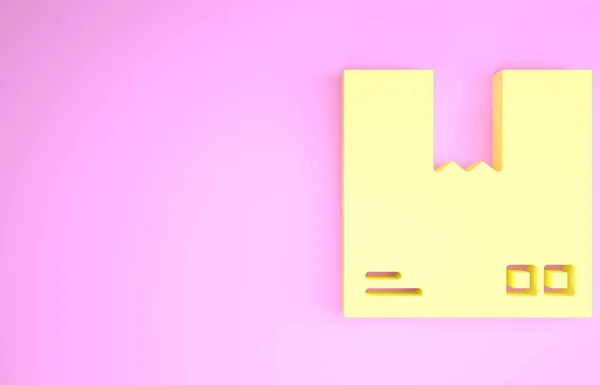 Żółte pudełko tekturowe z ikoną symbolu ruchu na różowym tle. Pudełko, paczka, paczka. Dostawa, transport i transport. Koncepcja minimalizmu. Ilustracja 3D 3D renderowania — Zdjęcie stockowe