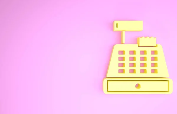 Yellow Cash register machine with a check icon isolated on pink background. Cashier sign. Cashbox symbol. Minimalism concept. 3d illustration 3D render — ストック写真