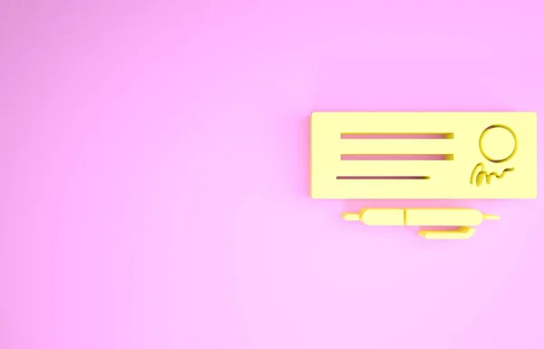 Modelo em branco amarelo do ícone de verificação bancária e caneta isolado no fundo rosa. Página de cheque do livro de cheques com campos vazios para preencher. Conceito de minimalismo. 3D ilustração 3D render — Fotografia de Stock