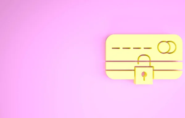 Жовта кредитна картка з піктограмою блокування ізольована на рожевому фоні. Заблокована банківська картка. Безпека, безпека, захист. Концепція безпечної оплати. Концепція мінімалізму. 3D ілюстрація 3D рендеринга — стокове фото