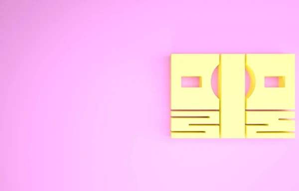 Yellow Stacks paper money cash icon isolated on pink background. Money banknotes stacks. Bill currency. Minimalism concept. 3d illustration 3D render — Stock Photo, Image
