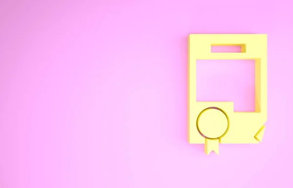 Εικονίδιο προτύπου κίτρινο πιστοποιητικό απομονώνεται σε ροζ φόντο. Επίτευξη, απονομή, πτυχίο, υποτροφία, δίπλωμα. Πιστοποιητικό επιχειρηματικής επιτυχίας. Μινιμαλιστική έννοια. 3D απεικόνιση 3d καθιστούν — Φωτογραφία Αρχείου