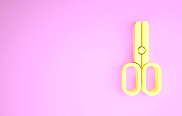 Желтые ножницы парикмахерская значок изолирован на розовом фоне. Парикмахерская, модный салон и вывеска. Символ парикмахерской. Концепция минимализма. 3D-рендеринг — стоковое фото