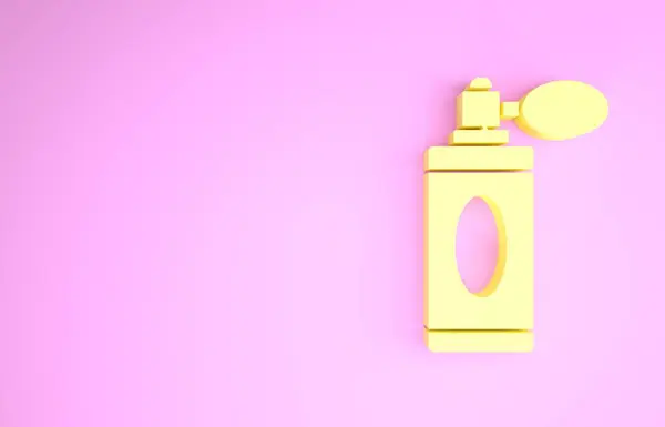 ピンクの背景にアトマイザーアイコンで黄色のアフターシェービングボトル。ケルンスプレーアイコン。男性香水瓶。最小限の概念。3Dイラスト3Dレンダリング — ストック写真