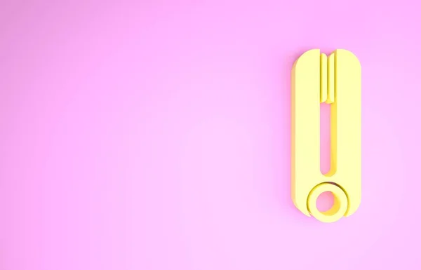 Żółta lokówka do ikony włosów izolowane na różowym tle. Ikona do prostowania włosów. Koncepcja minimalizmu. Ilustracja 3D 3D renderowania — Zdjęcie stockowe