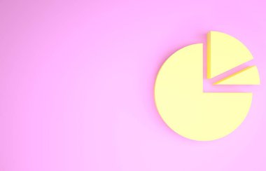 Pembe arka planda izole edilmiş sarı pasta grafiği bilgi simgesi. Diyagram çizelgesi. Minimalizm kavramı. 3d illüstrasyon 3d canlandırma