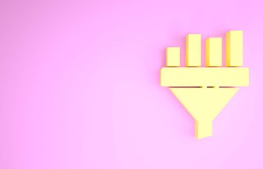 Sarı Satış hunisi, pazarlama için grafikli ve pembe arka planda izole edilmiş yeni iş simgesi. Bilgi şablonu. Minimalizm kavramı. 3d illüstrasyon 3B canlandırma