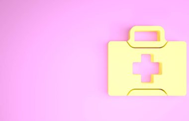 Sarı ilk yardım çantası simgesi pembe arkaplanda izole edildi. Haçlı sağlık kutusu. Acil durumlar için tıbbi ekipman. Sağlık sigortası konsepti. Minimalizm kavramı. 3d illüstrasyon 3B canlandırma