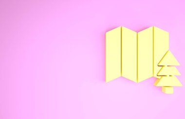 Pembe arka planda izole edilmiş bir harita ikonu üzerinde ormanın sarı konumu. Minimalizm kavramı. 3d illüstrasyon 3B canlandırma