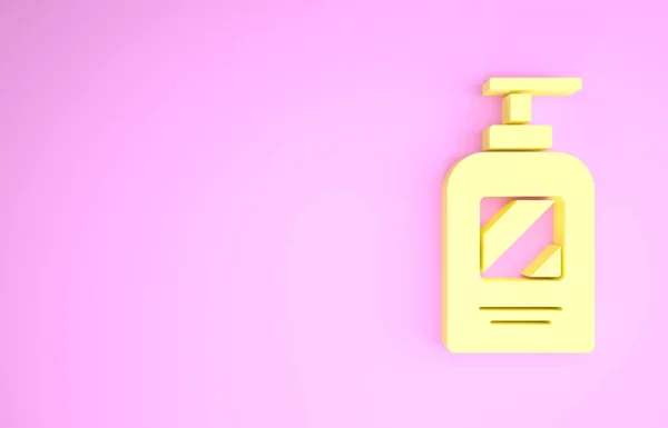 Gelbe Flasche Shampoo-Symbol isoliert auf rosa Hintergrund. Minimalismus-Konzept. 3D Illustration 3D Renderer — Stockfoto