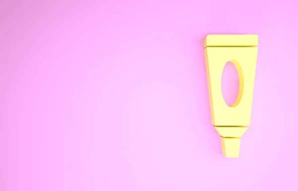 Жовтий крем або лосьйон косметичної трубки значок ізольовані на рожевому фоні. Товари для догляду за тілом для чоловіків. Концепція мінімалізму. 3D ілюстрація 3D рендеринга — стокове фото