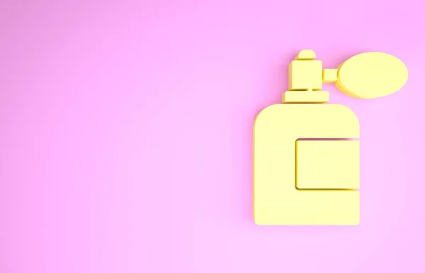 Gelbe Aftershave-Flasche mit Zerstäubersymbol isoliert auf rosa Hintergrund. Kölner Sprühbild. Männliche Parfümflasche. Minimalismus-Konzept. 3D Illustration 3D Renderer — Stockfoto