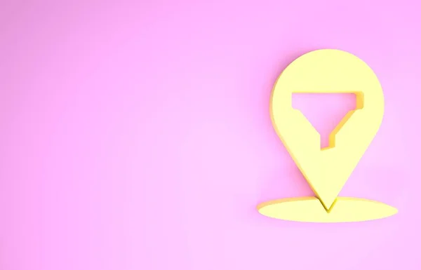 Ubicación amarilla con icono de embudo de ventas aislado sobre fondo rosa. Plantilla infográfica. Concepto minimalista. 3D ilustración 3D render —  Fotos de Stock