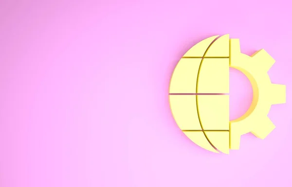 Gele bol van de aarde en tandwiel of tandwiel pictogram geïsoleerd op roze achtergrond. Parameters instellen. Globale opties. Minimalisme concept. 3d illustratie 3D renderen — Stockfoto
