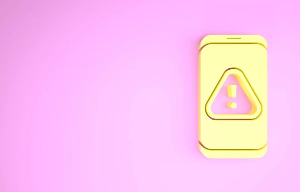 Telefone celular amarelo com ícone de ponto de exclamação isolado no fundo rosa. Notificação de smartphone de mensagem de alerta. Conceito de minimalismo. 3D ilustração 3D render — Fotografia de Stock