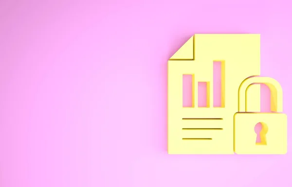 Dokumen Kuning dan ikon kunci terisolasi pada latar belakang merah muda. Format berkas dan gembok. Keamanan, keamanan, konsep perlindungan. Konsep minimalisme. Tampilan 3D ilustrasi 3d — Stok Foto
