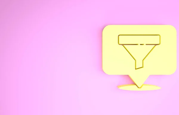 Ubicación amarilla con icono de embudo de ventas aislado sobre fondo rosa. Plantilla infográfica. Concepto minimalista. 3D ilustración 3D render — Foto de Stock