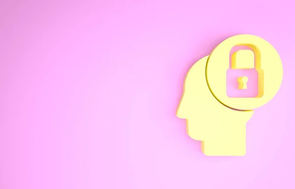 Yellow Human head with lock icon isolated on pink background. Minimalism concept. 3d illustration 3D render — Stock Photo, Image