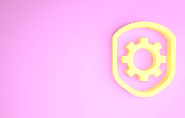 Κίτρινη ασπίδα με το εικονίδιο εργαλείων ρυθμίσεων απομονωμένο σε ροζ φόντο. Ρύθμιση, συντήρηση, συντήρηση, επισκευή, επιδιόρθωση. Μινιμαλιστική έννοια. 3d απεικόνιση 3D καθιστούν — Φωτογραφία Αρχείου