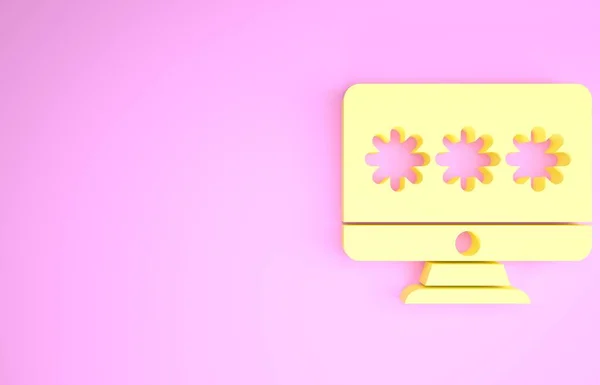 Monitor Amarelo com ícone de notificação de senha isolado no fundo rosa. Segurança, acesso pessoal, autorização do usuário, formulário de login. Conceito de minimalismo. 3D ilustração 3D render — Fotografia de Stock