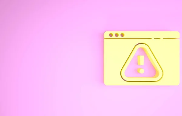 ピンクの背景に絶縁マークのアイコンを持つ黄色のブラウザ。アラートメッセージスマートフォン通知。最小限の概念。3Dイラスト3Dレンダリング — ストック写真