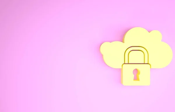 Yellow Cloud computing lock icon isolated on pink background. Security, safety, protection concept. Protection of personal data. Minimalism concept. 3d illustration 3D render — Stock Photo, Image