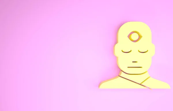 Yellow Man with third eye icon isolated on pink background. The concept of meditation, vision of energy, aura. Minimalism concept. 3d illustration 3D render