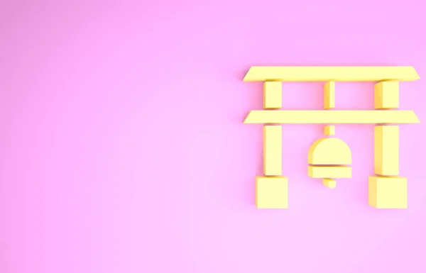 黄色的日本门图标孤立在粉红色的背景上.托里门的标志。日本传统经典门牌号.最低纲领的概念。3D渲染3D插图 — 图库照片