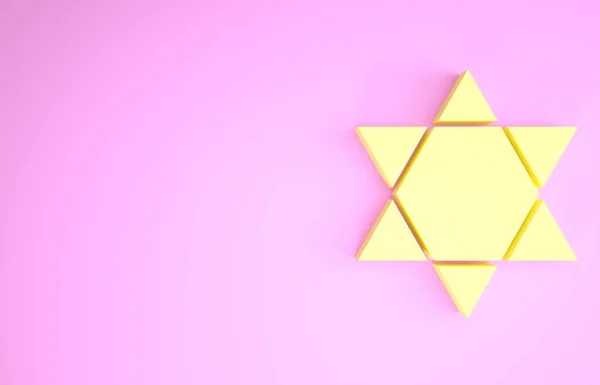 Gul stjärna David ikon isolerad på rosa bakgrund. Judisk religionssymbol. Israels symbol. Minimalistiskt koncept. 3D-återgivning för 3D — Stockfoto