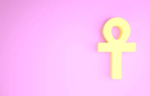 Croix jaune icône ankh isolé sur fond rose. Concept de minimalisme. Illustration 3D rendu 3D — Photo