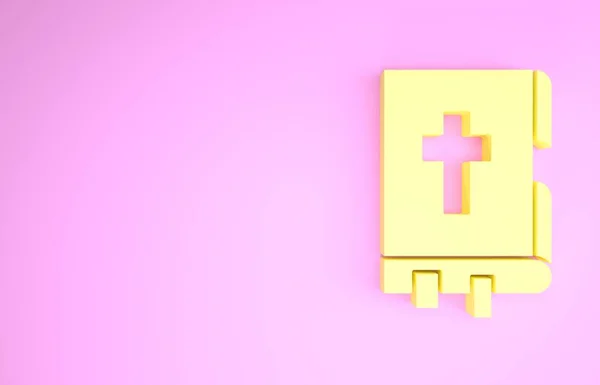 Ícone amarelo do livro da Bíblia Sagrada isolado no fundo rosa. Conceito de minimalismo. 3D ilustração 3D render — Fotografia de Stock