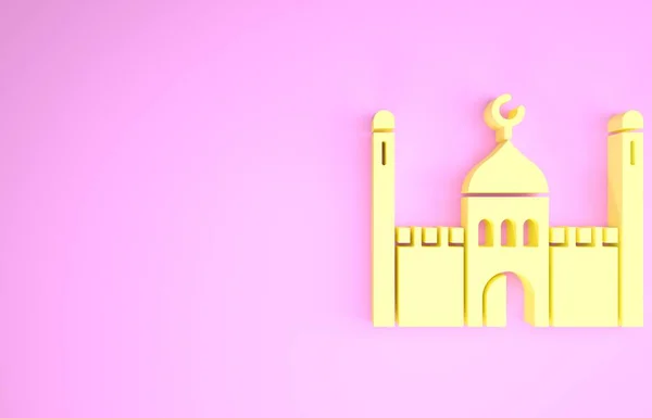 Icona della Moschea musulmana gialla isolata su sfondo rosa. Concetto minimalista. Illustrazione 3d rendering 3D — Foto Stock