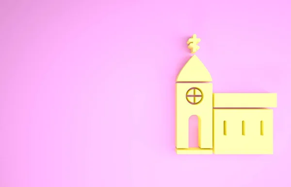 Žlutý kostel budova ikona izolované na růžovém pozadí. Christian Church. Náboženství církve. Minimalismus. 3D ilustrace 3D vykreslení — Stock fotografie