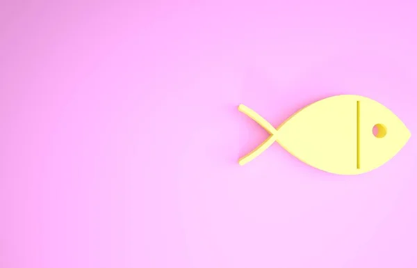 Ícone de símbolo de peixe cristão amarelo isolado no fundo rosa. Símbolo de peixe. Conceito de minimalismo. 3D ilustração 3D render — Fotografia de Stock