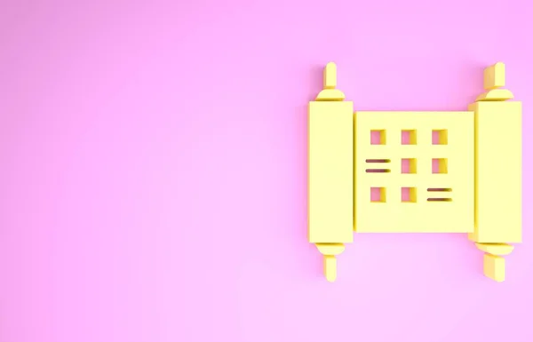 Żółty dekret, papier, pergamin, ikona przewijania odizolowana na różowym tle. Chiński zwój. Koncepcja minimalizmu. Ilustracja 3D 3D renderowania — Zdjęcie stockowe