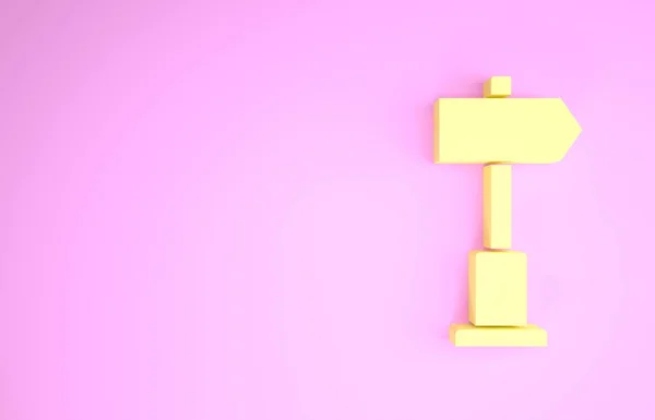 Sinal de trânsito amarelo. Ícone de Signpost isolado no fundo rosa. Símbolo do ponteiro. Informação de rua. Sinal de direcção. Conceito de minimalismo. 3D ilustração 3D render — Fotografia de Stock