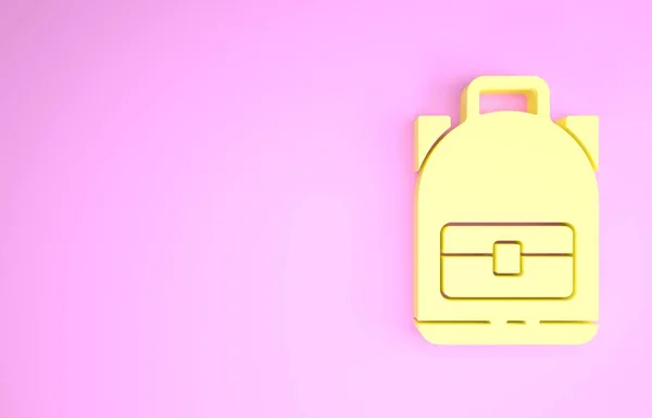 Amarelo Caminhadas ícone mochila isolada no fundo rosa. Camping e montanha explorando mochila. Conceito de minimalismo. 3D ilustração 3D render — Fotografia de Stock