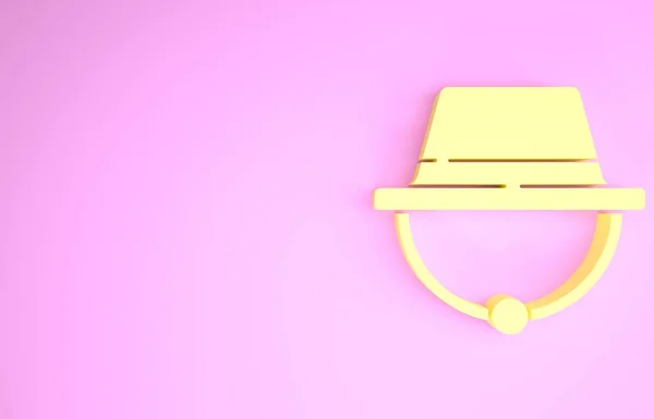 Icona del cappello da campeggio giallo isolato su sfondo rosa. Cappello da spiaggia panama. Esplora i viaggiatori cappello per la caccia, escursioni, turismo. Concetto minimalista. Illustrazione 3d rendering 3D — Foto Stock