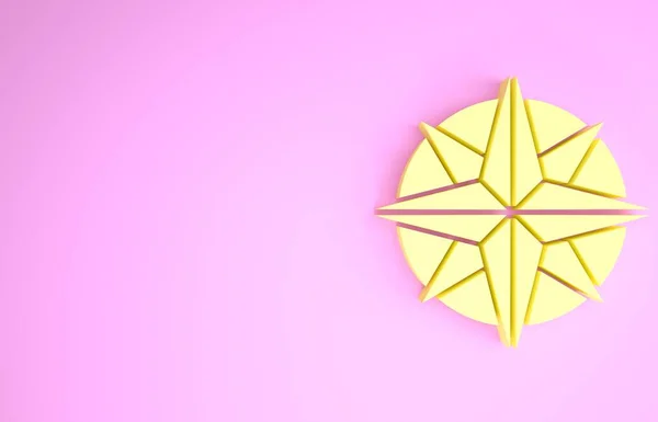 Жовта піктограма троянди вітру ізольована на рожевому фоні. Компас значок для подорожей. Дизайн навігації. Концепція мінімалізму. 3D ілюстрація 3D рендеринга — стокове фото