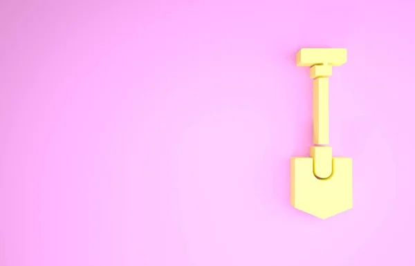 Icono de pala amarilla aislado sobre fondo rosa. Herramienta de jardinería. Herramienta para horticultura, agricultura, agricultura. Concepto minimalista. 3D ilustración 3D render — Foto de Stock